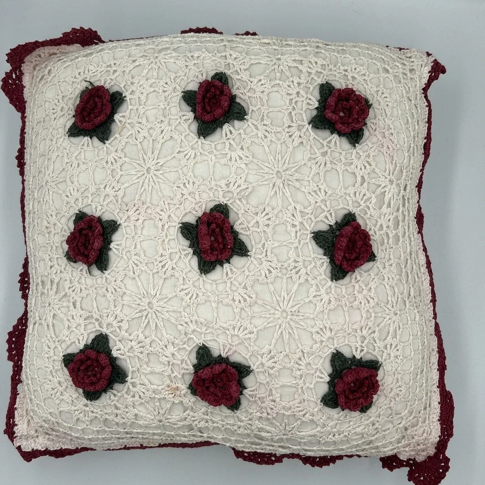 Vtg Decorative Crochet Lace Maroon Rose 15